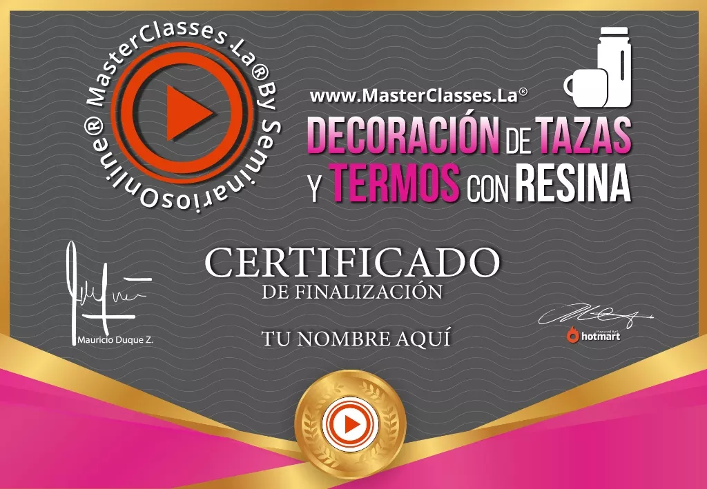 Certificado de finalización del curso Decoración de Tazas y Termos con Resina